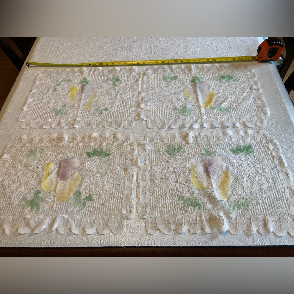 Vintage Embroidered Floral Fruit Quilted Placemat Yellow Green 16 1/2” 12 1/2”